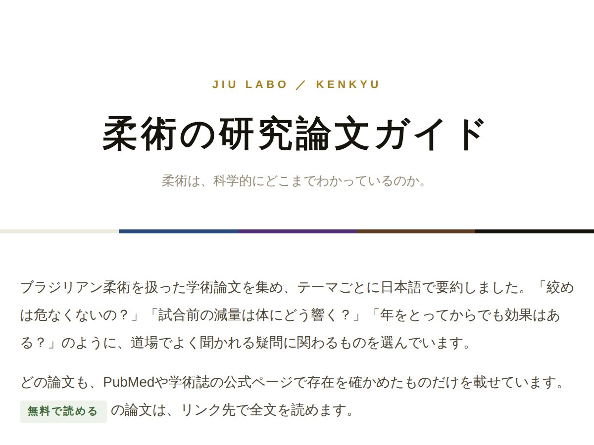 柔術の研究論文ガイドの画面。テーマ別に並んだ論文の要約