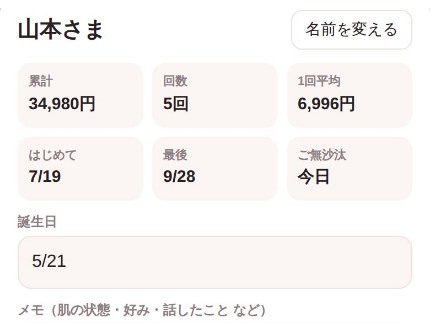 サロンの顧客管理の画面。お客さまのカルテに累計・来店回数・誕生日・肌のメモが並ぶ