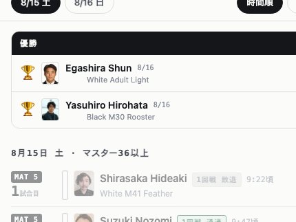 大会出場スケジュールの画面。選手ごとの試合番号・マット・結果の一覧